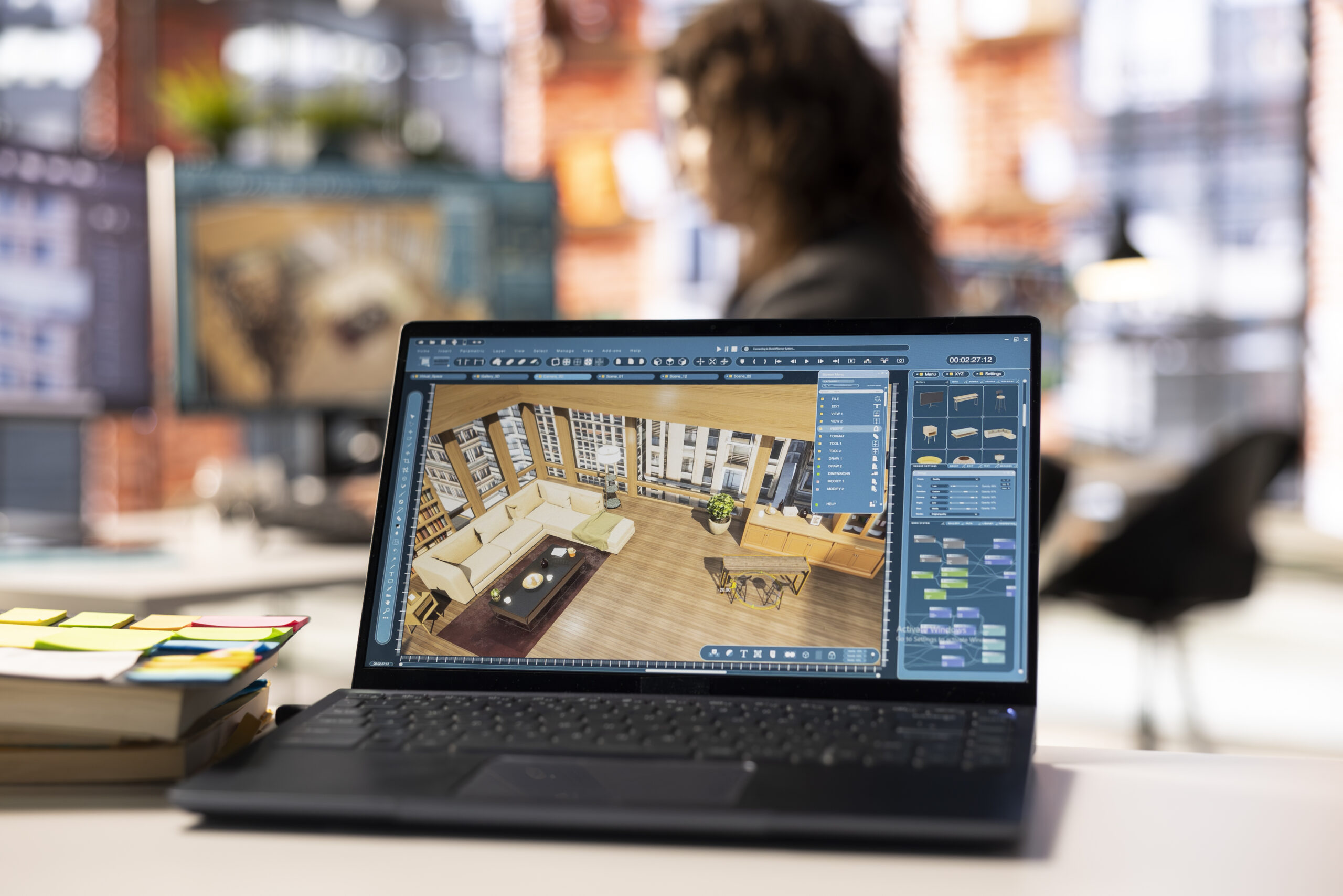 Architectural designer works on a digital home design project, using a 3D modeling program to arrange furniture. The software with advanced user interface for professional rendering.